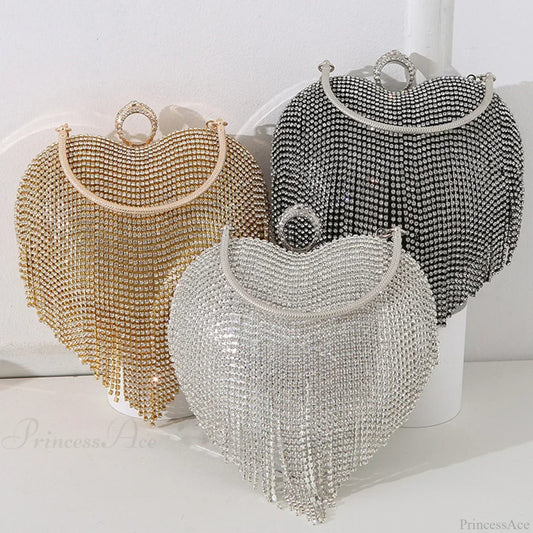 Rhinestone Heart Pattern Silver Evening Clutch Wedding Bridal Purse