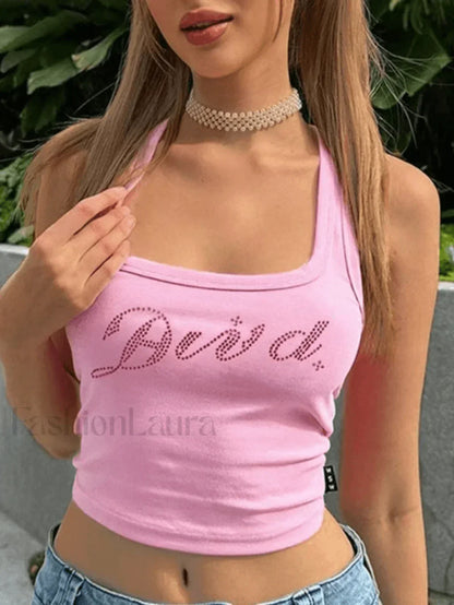 Rhinestone Letter Cropped Tank Top
