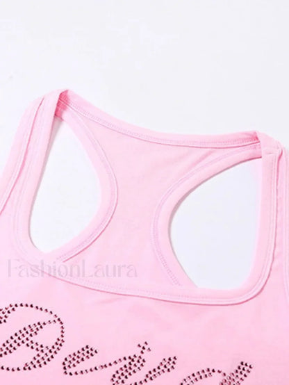 Rhinestone Letter Cropped Tank Top