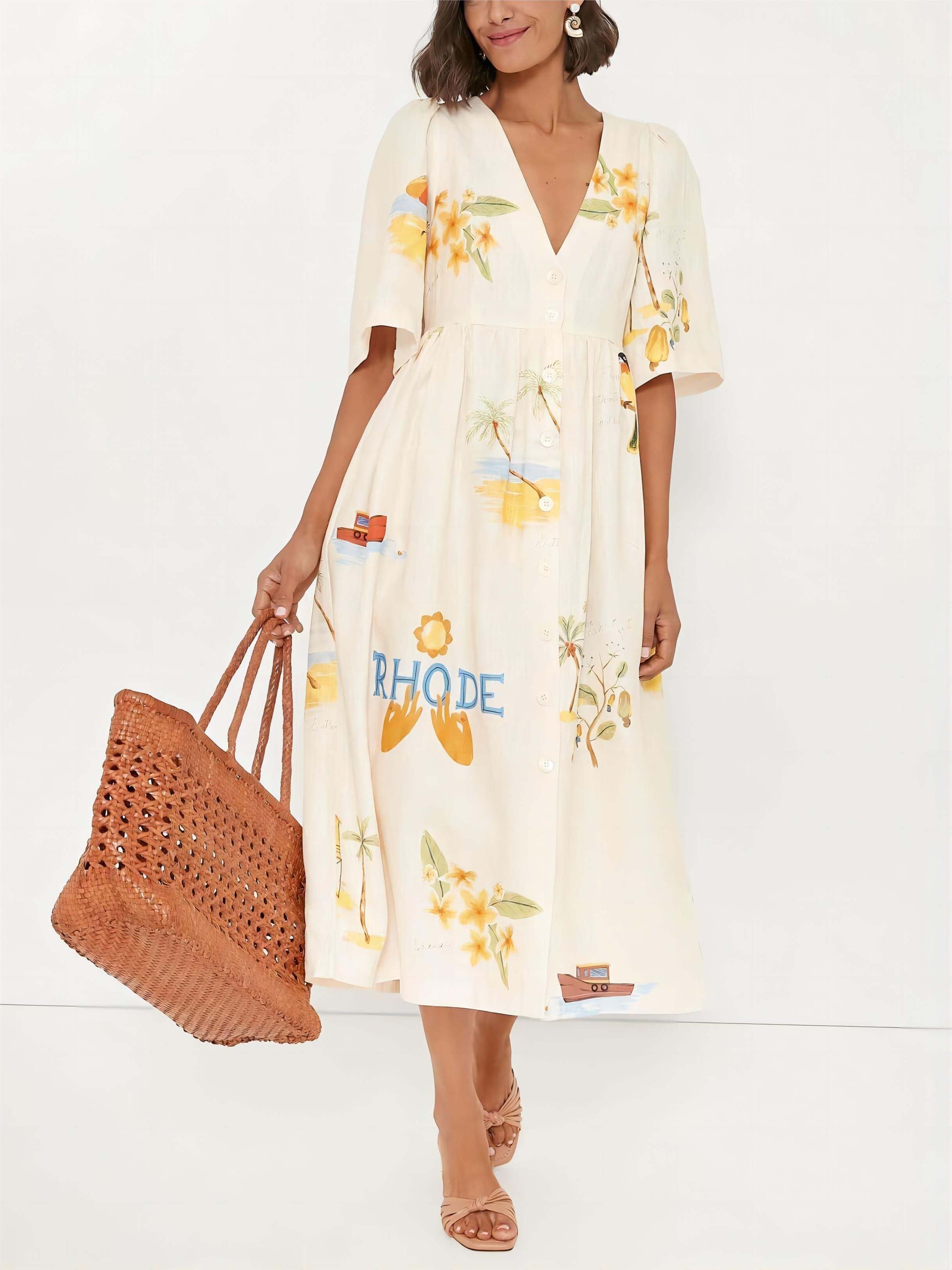 Deep V-Neck Puff Sleeve Button Front Tropical Print Midi Dress