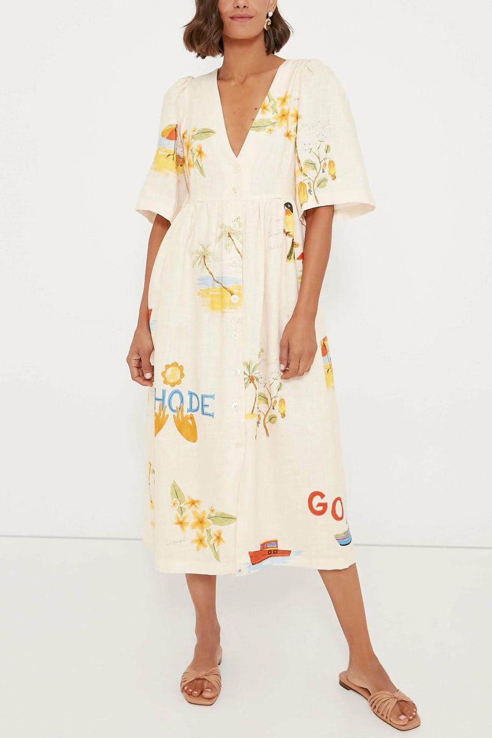 Tropical Graphic Print Button Down V-Neck Flutter Sleeve Midi Dress