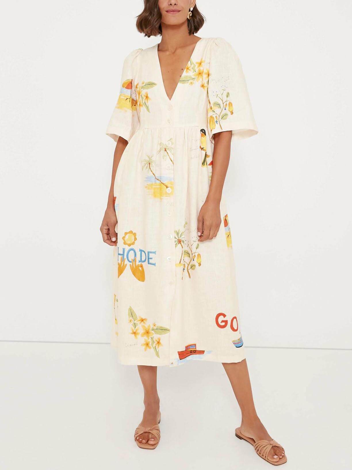 Deep V-Neck Puff Sleeve Button Front Tropical Print Midi Dress