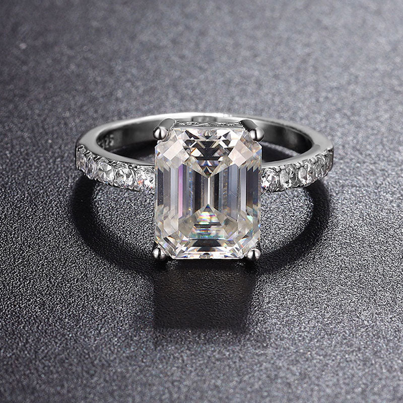Rhodium Plated Silver Emerald Cut Moissanite Half Eternity Band