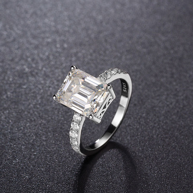 Rhodium Plated Silver Emerald Cut Moissanite Half Eternity Band