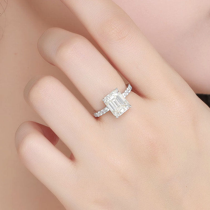 Rhodium Plated Silver Emerald Cut Moissanite Half Eternity Band