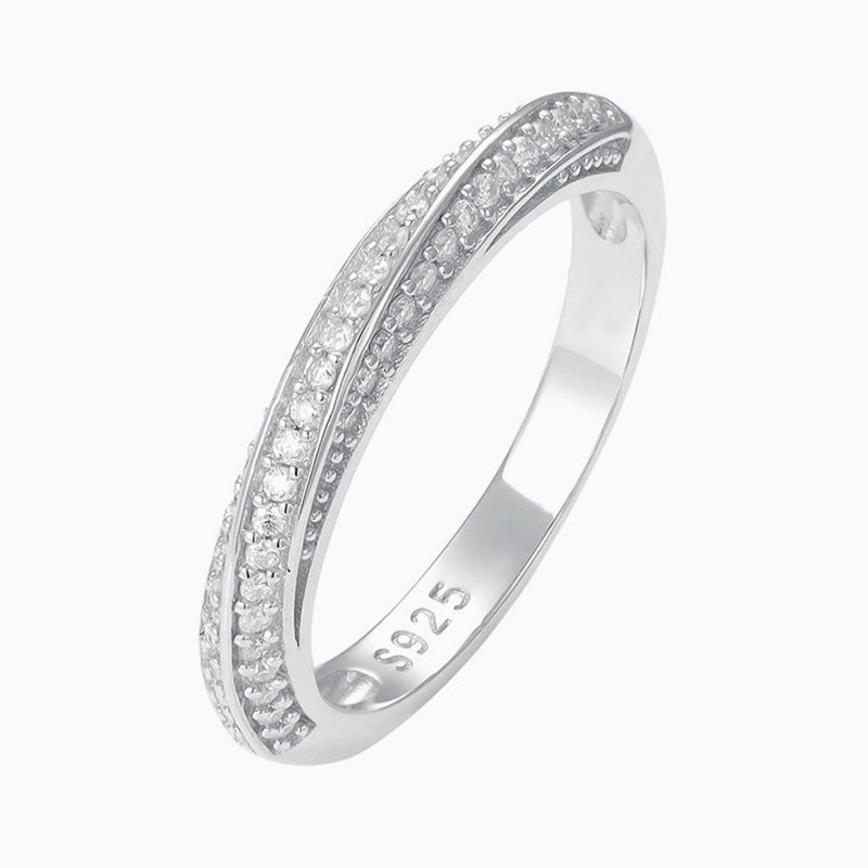 Rhodium Plated Sterling Silver Twisted Ring with Round Cut Moissanite Pave