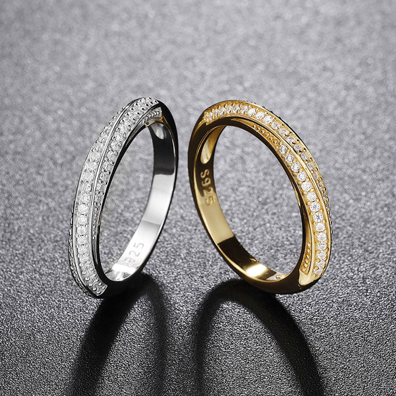 Rhodium Plated Sterling Silver Twisted Ring with Round Cut Moissanite Pave
