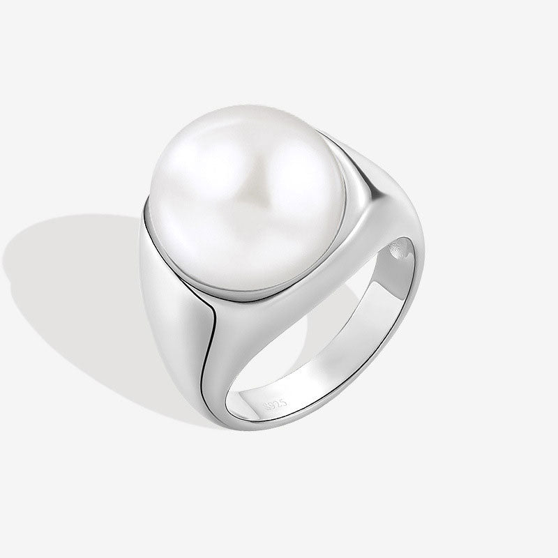 Rhodium Plated Sterling Silver Freshwater Pearl Sphere Dome Ring