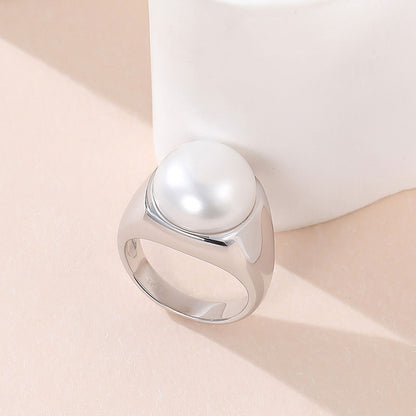 Rhodium Plated Sterling Silver Freshwater Pearl Sphere Dome Ring