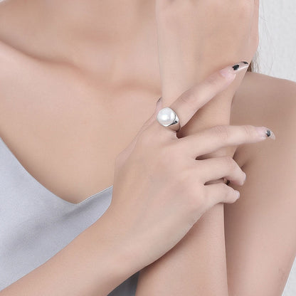 Rhodium Plated Sterling Silver Freshwater Pearl Sphere Dome Ring