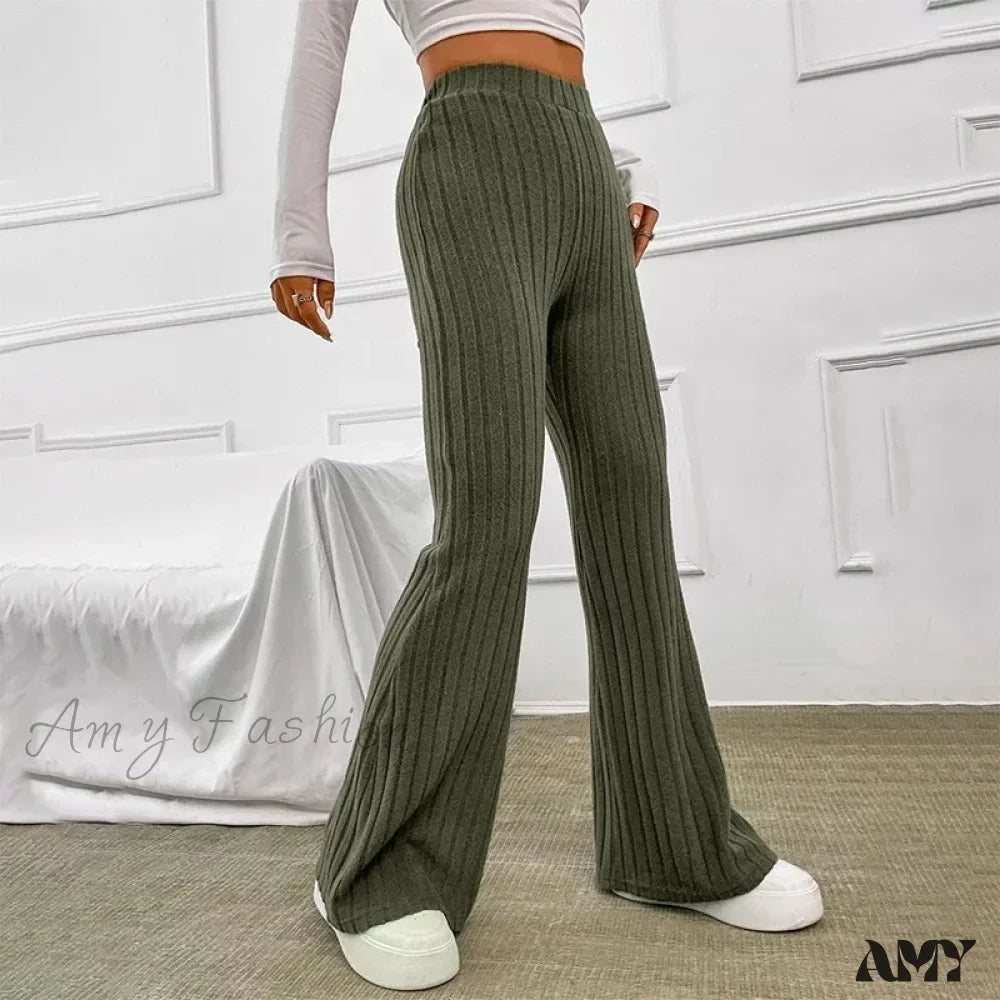 Ribbed Flare Mid Waist Slim Stretch Wide Leg Pants
