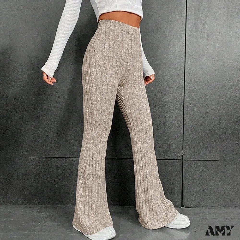 Ribbed Flare Mid Waist Slim Stretch Wide Leg Pants
