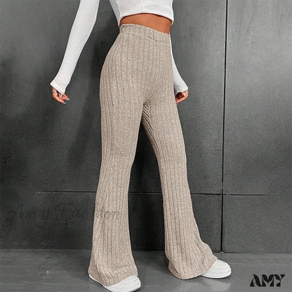 Ribbed Flare Mid Waist Slim Stretch Wide Leg Pants