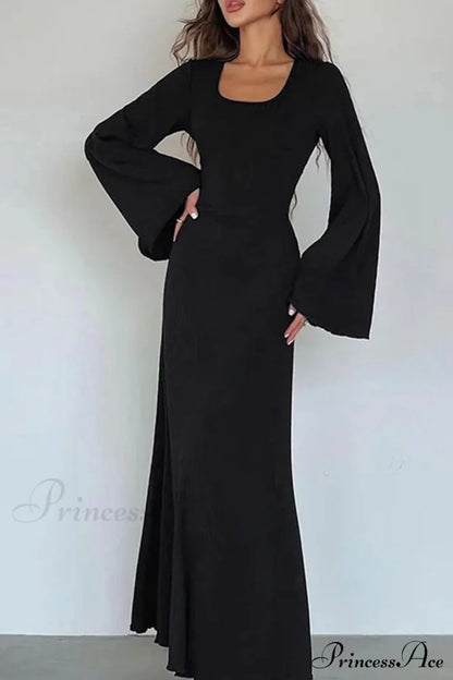 Ribbed Flares Sleeve Dress with Tie-back