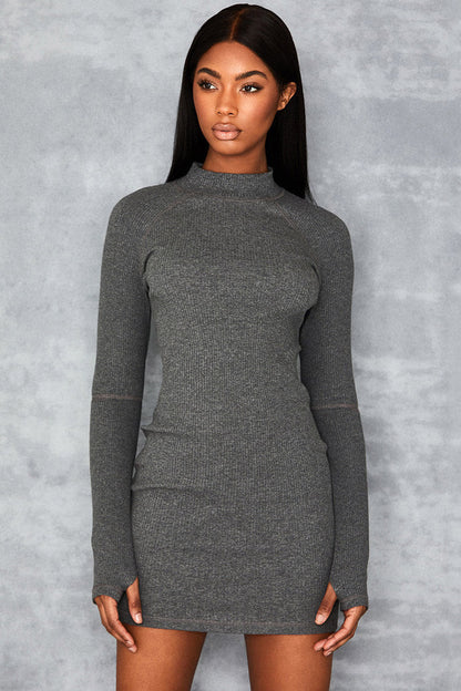 Rib Knit Mock Neck Long Sleeve Thumbhole Bodycon Mini Dress