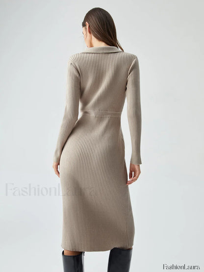 Ribbed Knit Contrast Trim Modern Collared Sweater Midi Dress