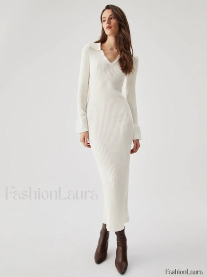 Ribbed Knit Long Sleeve Modern V-neck Collar Long Dress