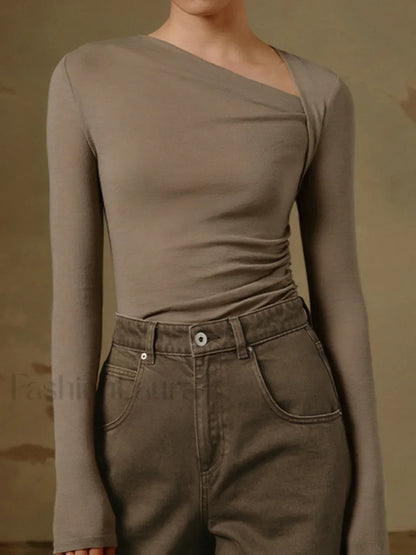 Ribbed Knit Long Trendy Sleeve Asymmetric Shirt