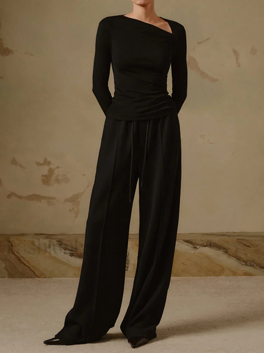 Ribbed Knit Long Trendy Sleeve Asymmetric Shirt