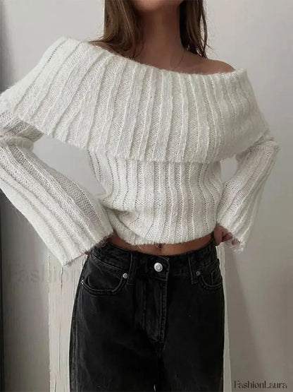 Ribbed Knit Overfold Trendy Off Shoulder Knit Top