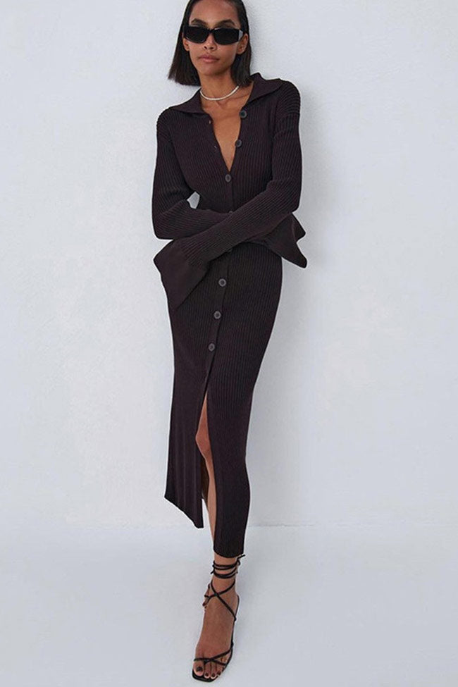 Ribbed Knit Button Down Point Collar Bell Cuff Front Slit Maxi Sweater Dress