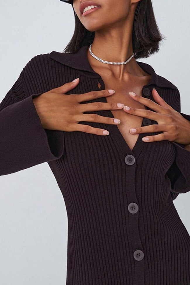 Ribbed Knit Button Down Point Collar Bell Cuff Front Slit Maxi Sweater Dress