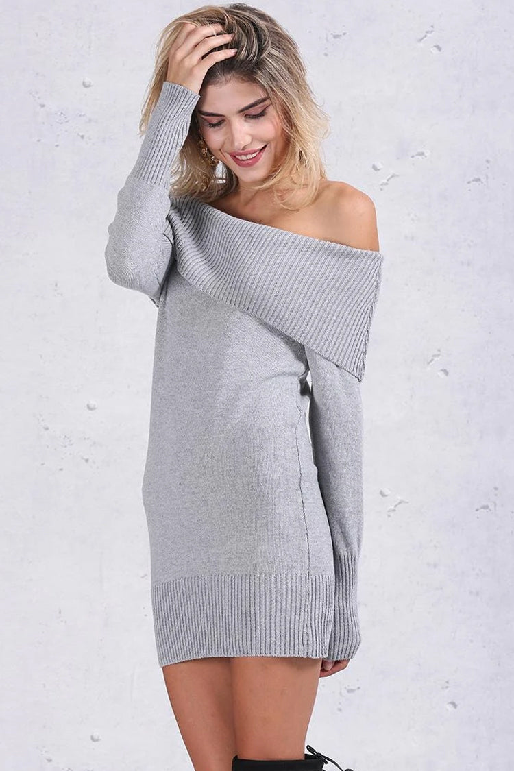 Rib Knit Off the Shoulder Foldover Collar Long Sleeve Mini Sweater Dress