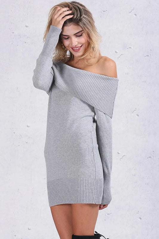 Rib Knit Off the Shoulder Foldover Collar Long Sleeve Mini Sweater Dress