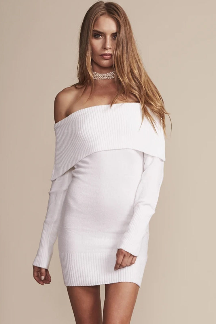Rib Knit Off the Shoulder Foldover Collar Long Sleeve Mini Sweater Dress