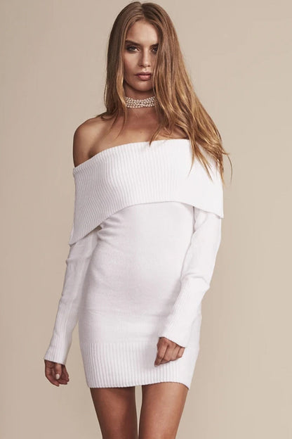 Rib Knit Off the Shoulder Foldover Collar Long Sleeve Mini Sweater Dress