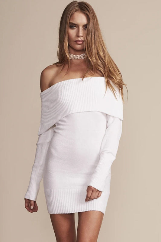 Rib Knit Off the Shoulder Foldover Collar Long Sleeve Mini Sweater Dress