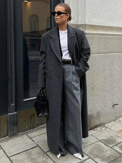 Ribbed Woolen Double-Breasted Overcoat