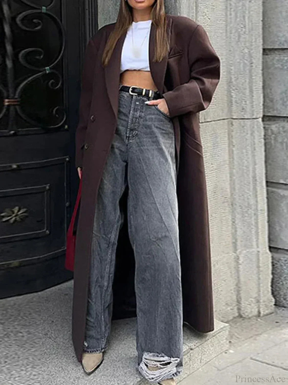 Ribbed Woolen Double-Breasted Overcoat