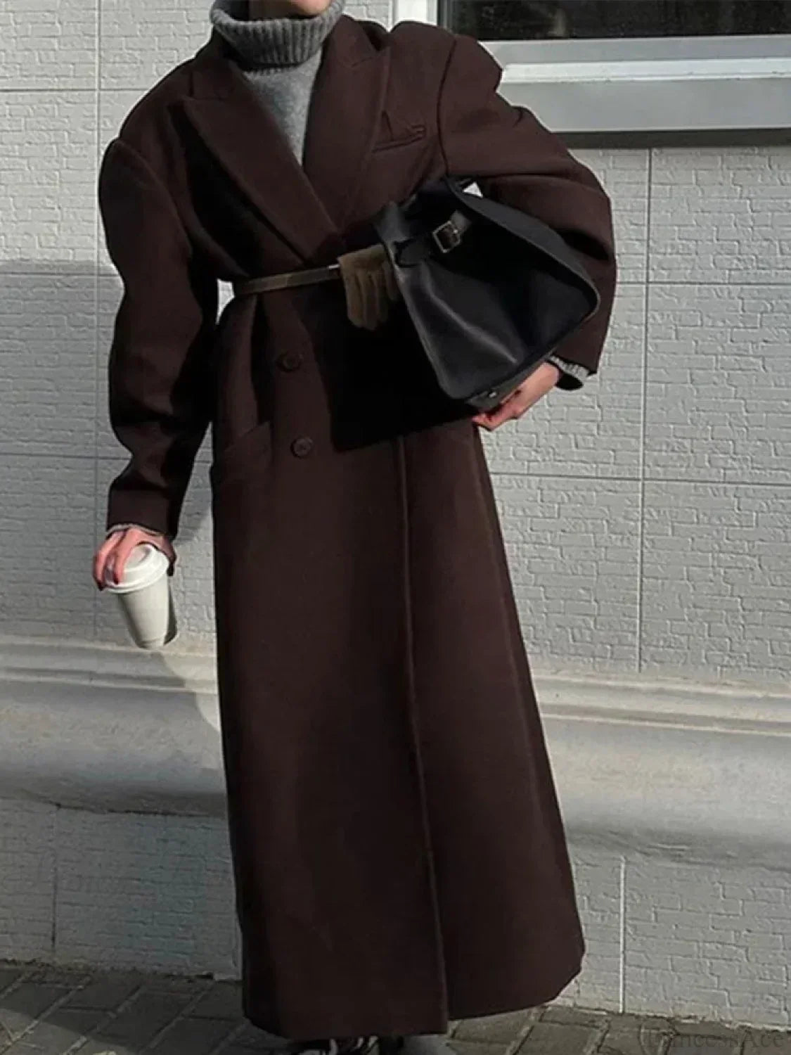 Ribbed Woolen Double-Breasted Overcoat