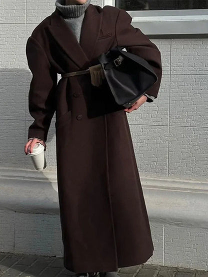 Ribbed Woolen Double-Breasted Overcoat