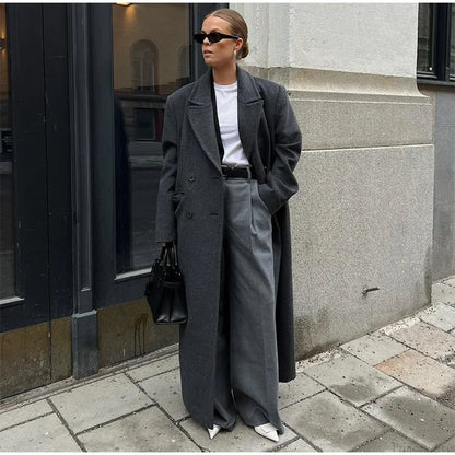 Ribbed Woolen Double-Breasted Overcoat