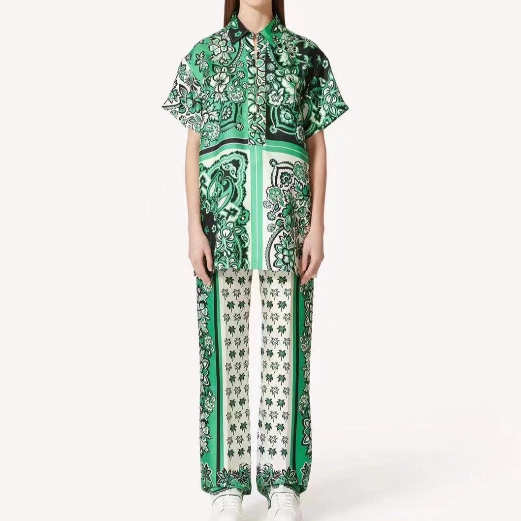 KittenAlarm - Riley Short Sleeve Bandana Print Top & Straight Pants Set