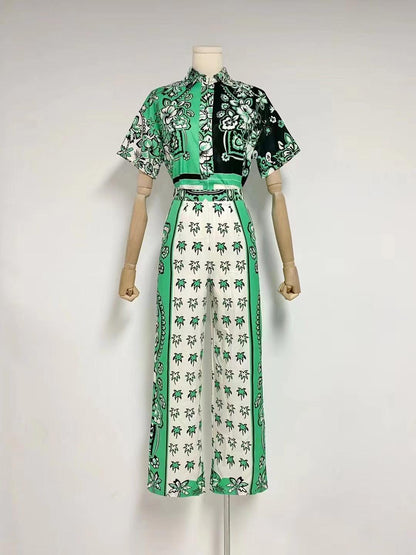KittenAlarm - Riley Short Sleeve Bandana Print Top & Straight Pants Set