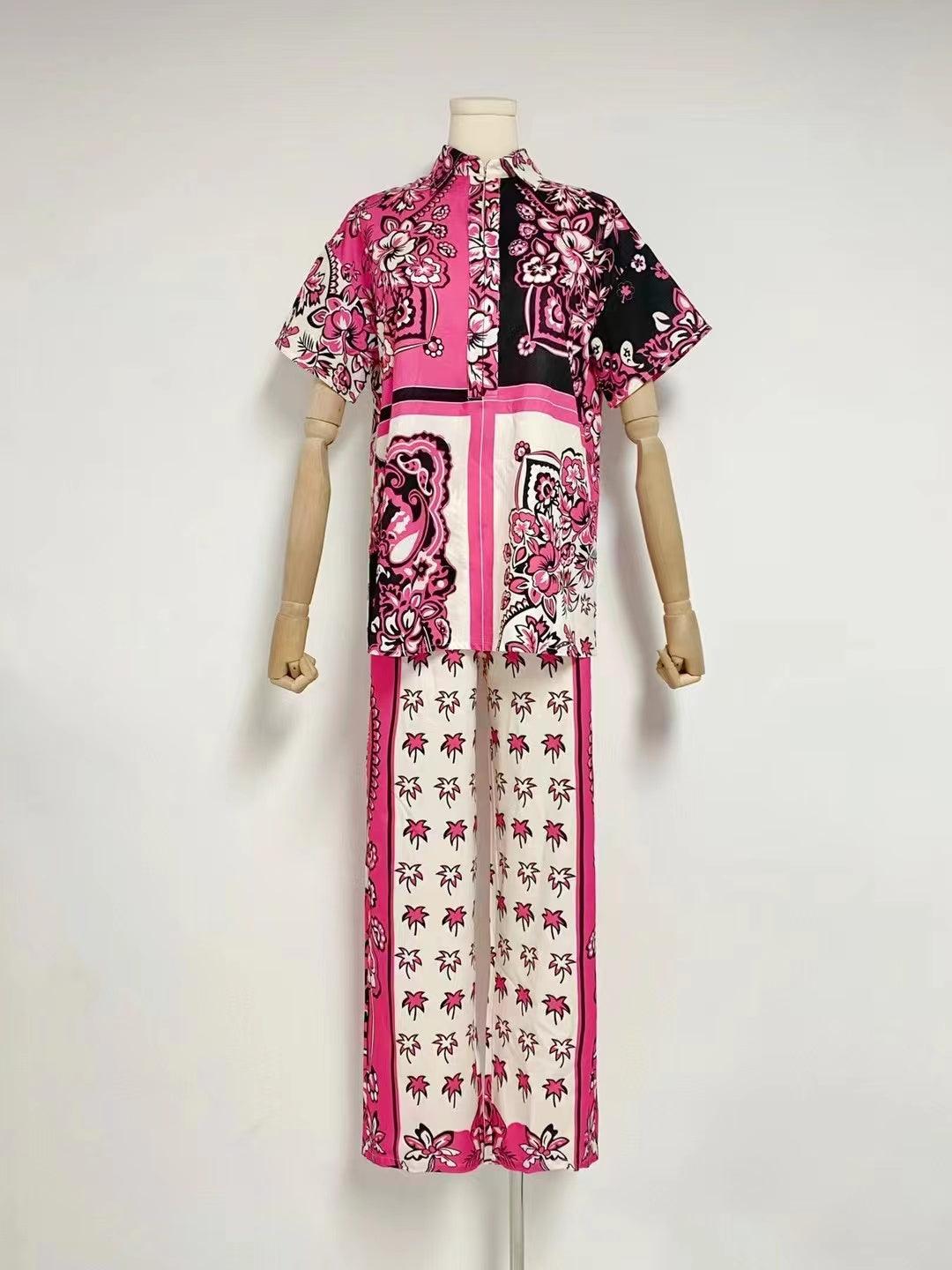 KittenAlarm - Riley Short Sleeve Bandana Print Top & Straight Pants Set