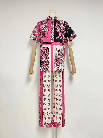 KittenAlarm - Riley Short Sleeve Bandana Print Top & Straight Pants Set