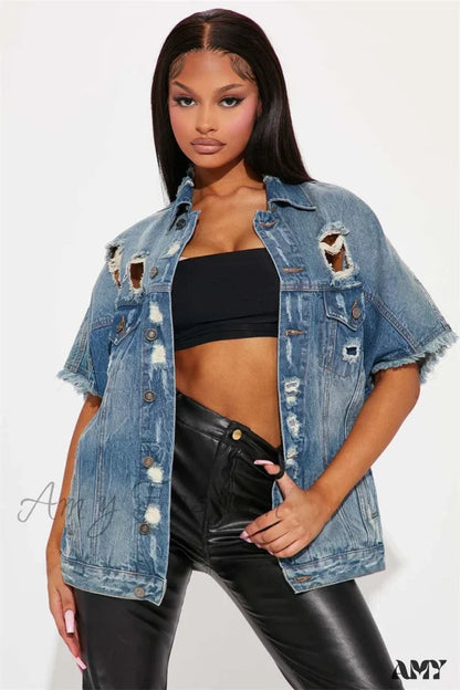 Ripped Jean Summer Broken Holes Denim Streetwear Short Sleeve Jacket