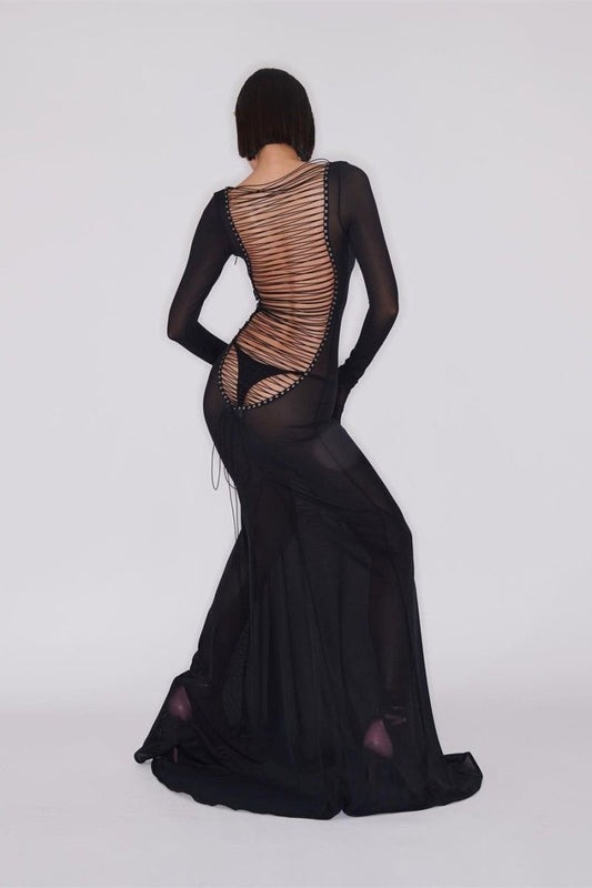 Riva Back Tie Semi-sheer Maxi Mesh Dress