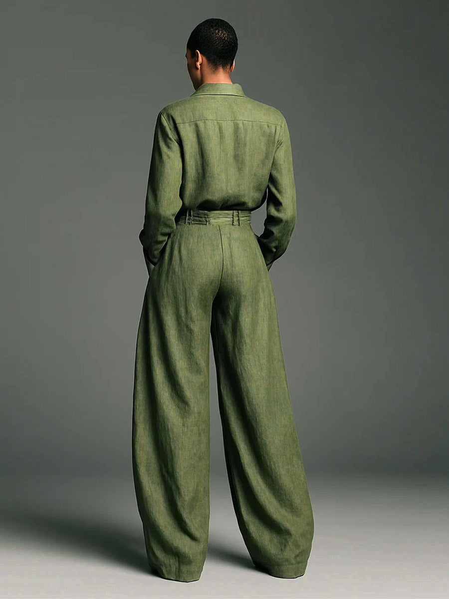 Olive Green 2 Piece Set For Women - Button Down Shirt And Retro High Waist Wide Leg Trouser - Spring Office Casual 2026