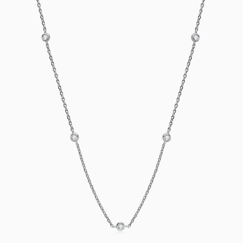Rhodium Plated Moissanite Droplet Station Necklace with Rolo Chain in Sterling Silver