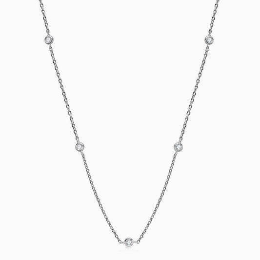 Rhodium Plated Moissanite Droplet Station Necklace with Rolo Chain in Sterling Silver