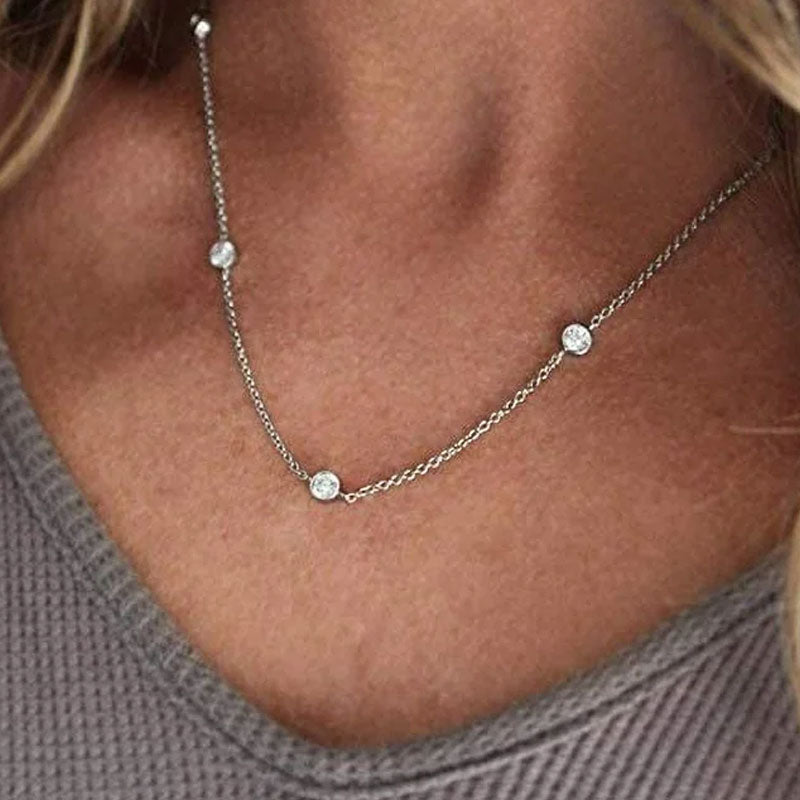 Rhodium Plated Moissanite Droplet Station Necklace with Rolo Chain in Sterling Silver