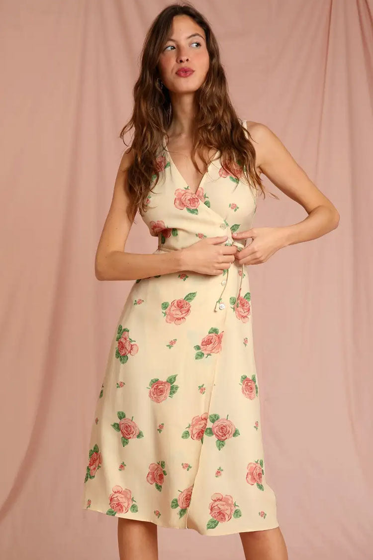 Garden Floral Print Wide Strap Wrap Tie Waist Sleeveless Midi Dress