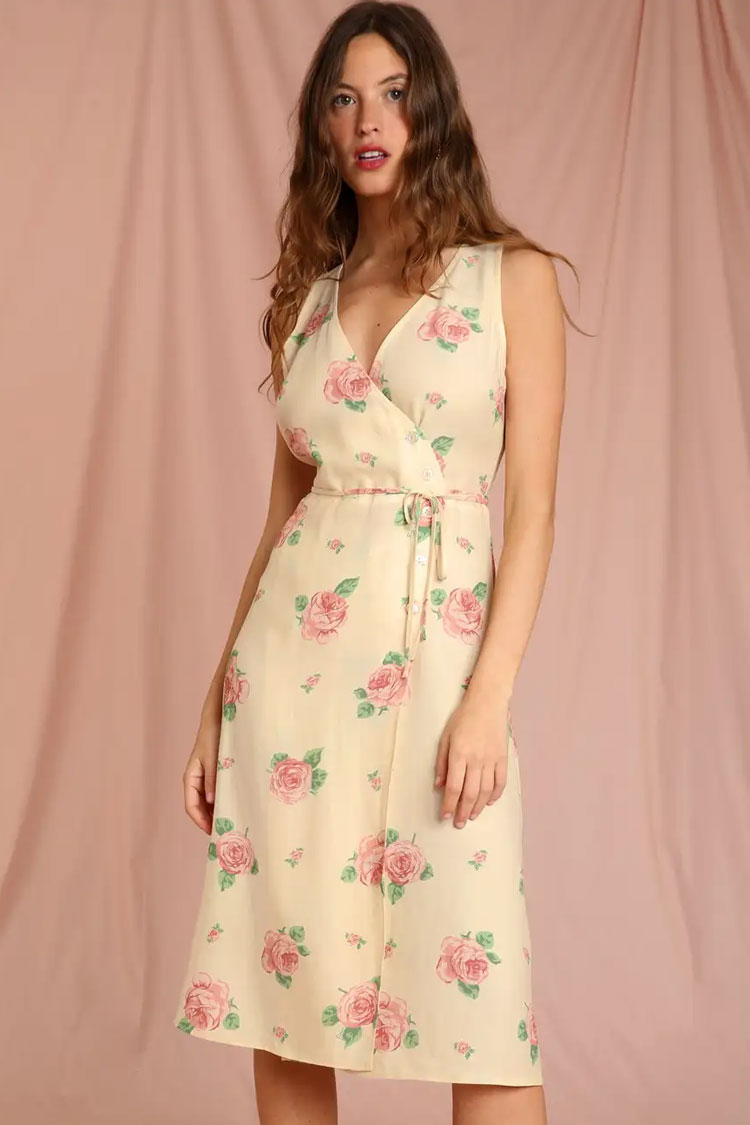 Garden Floral Print Wide Strap Wrap Tie Waist Sleeveless Midi Dress