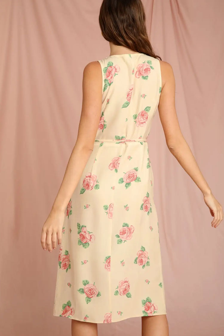 Garden Floral Print Wide Strap Wrap Tie Waist Sleeveless Midi Dress