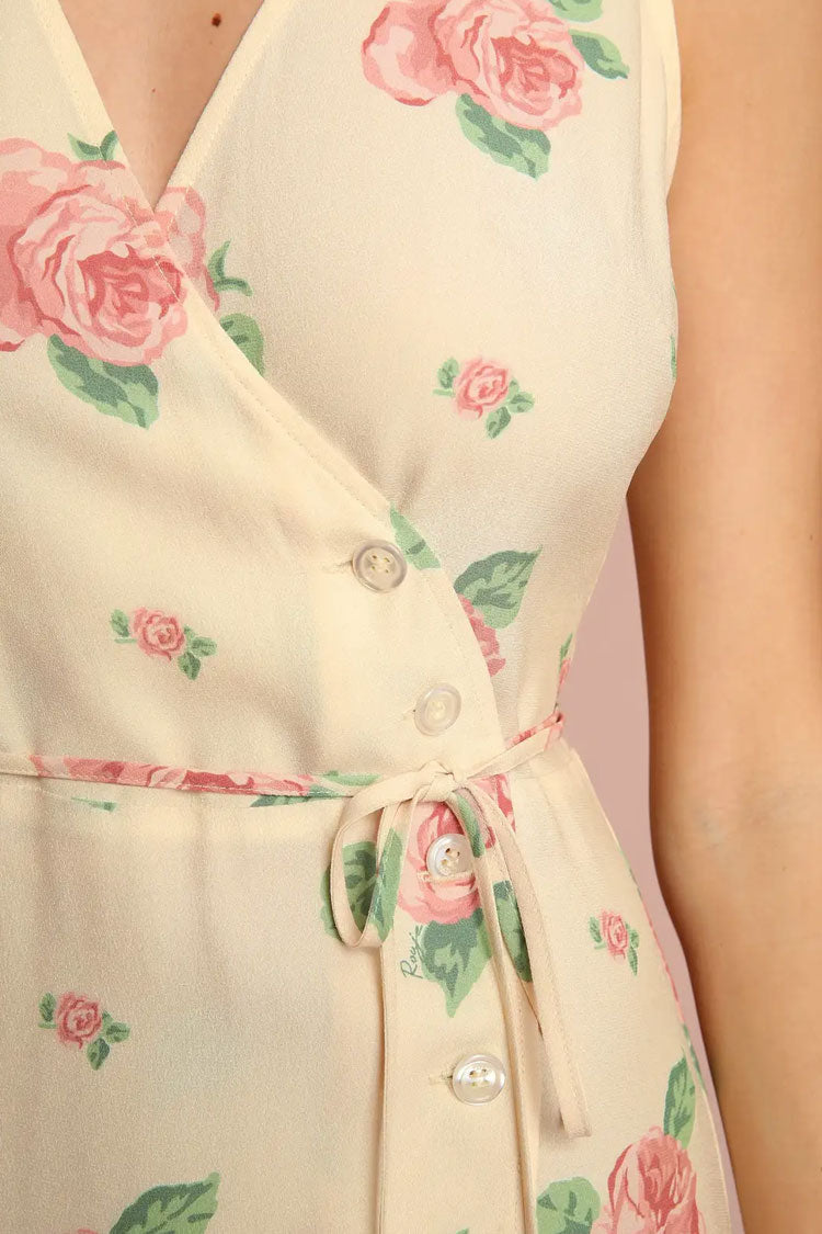 Garden Floral Print Wide Strap Wrap Tie Waist Sleeveless Midi Dress